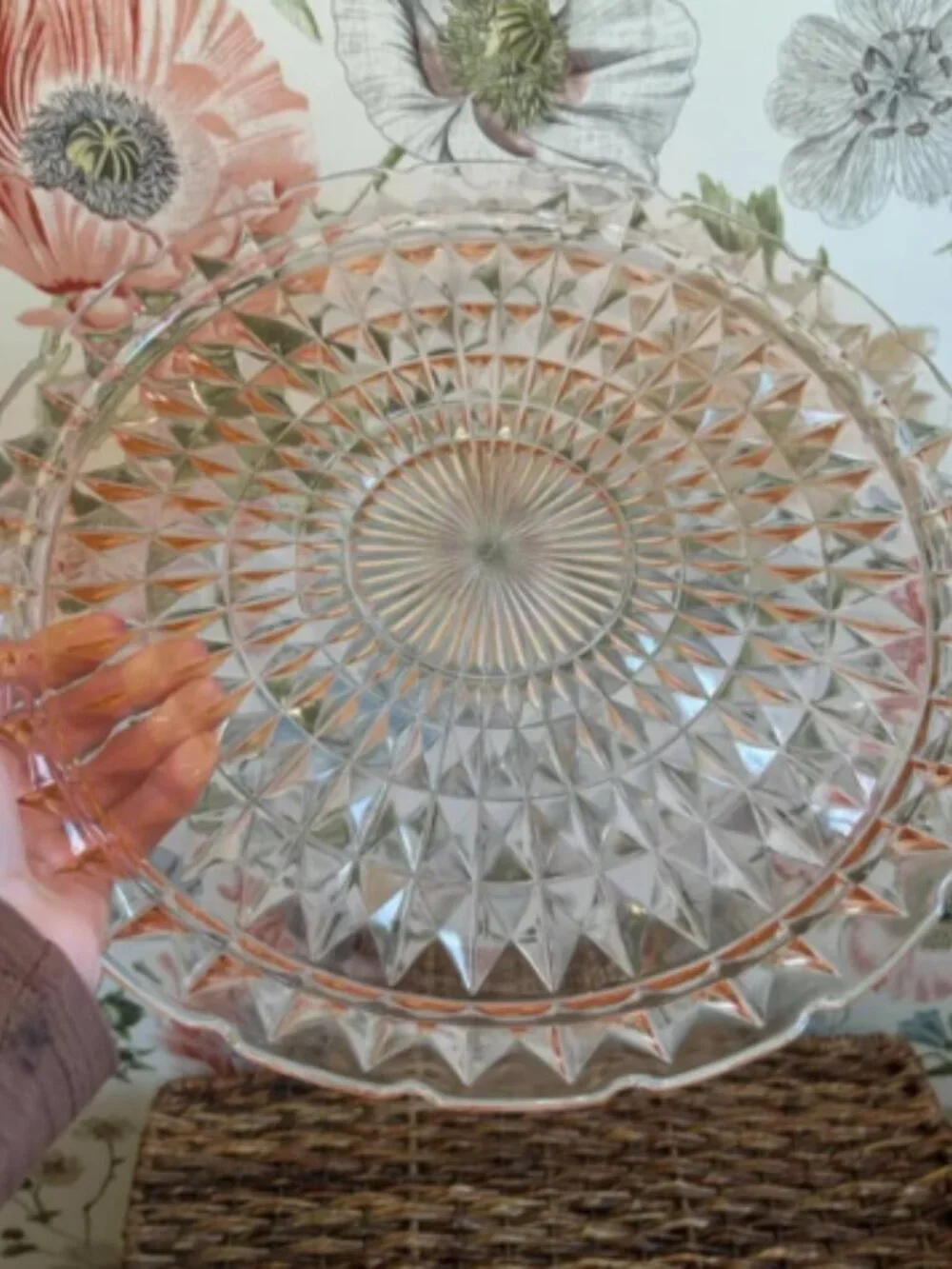 Vintage Blush Pink Pressed Glass Starburst Platter Decorative Round Tray